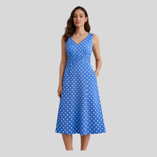 Vintage Boden V-Neck Polka Dot A-Line Sleeveless Dress Blue/White Size 8l Nwot